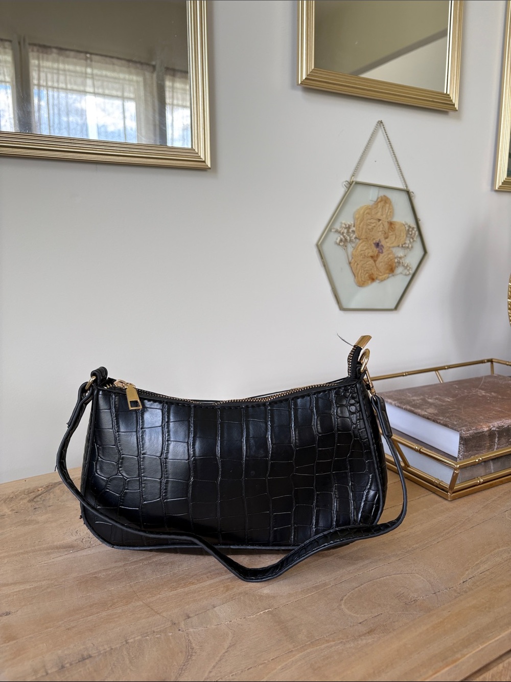 Black Croc-Embossed Shoulder Bag - Women